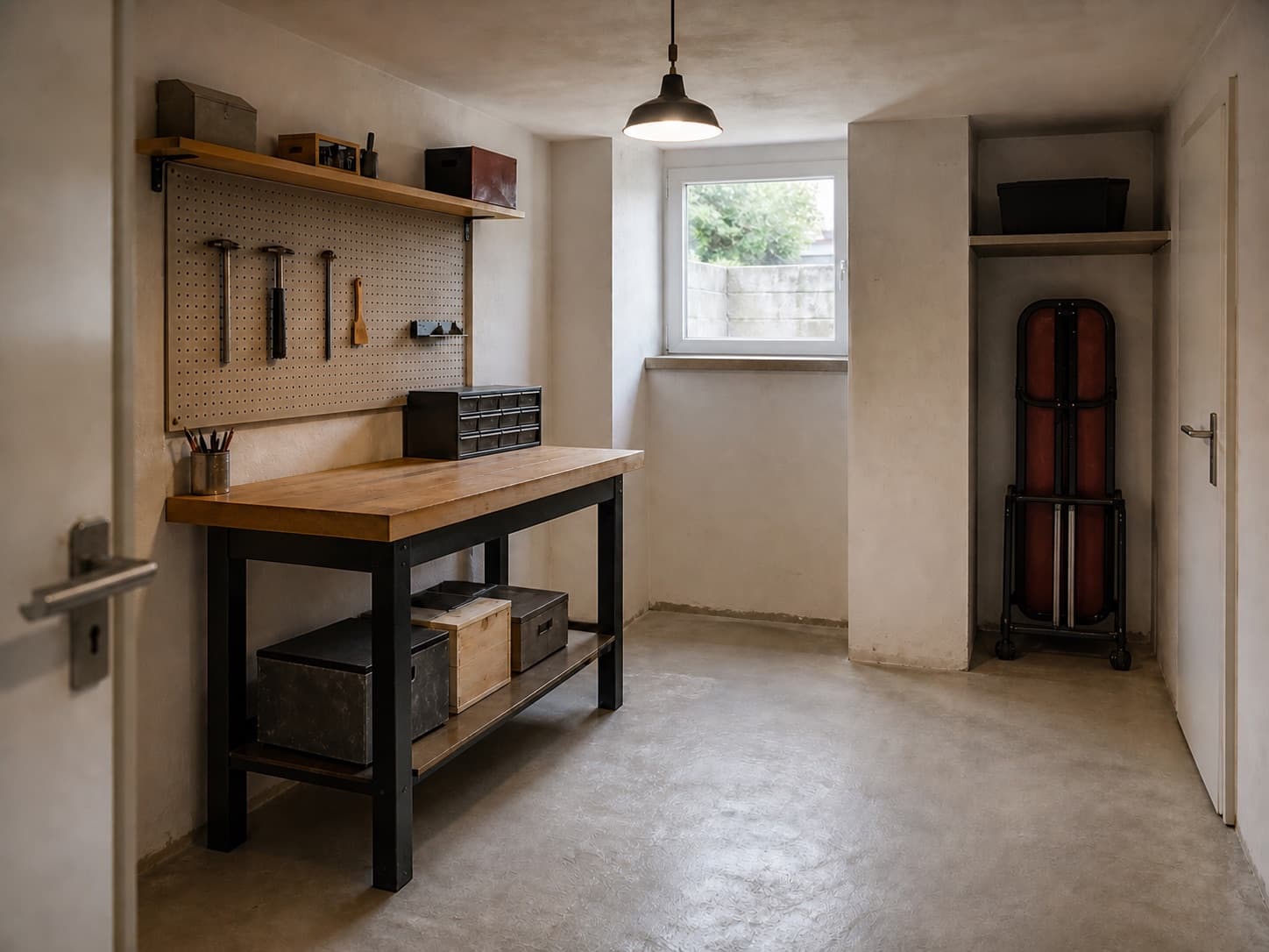 Aufgeräumte kleine Werkstatt mit gefaltetem Arbeitstisch in einer Nische und freier Bodenfläche