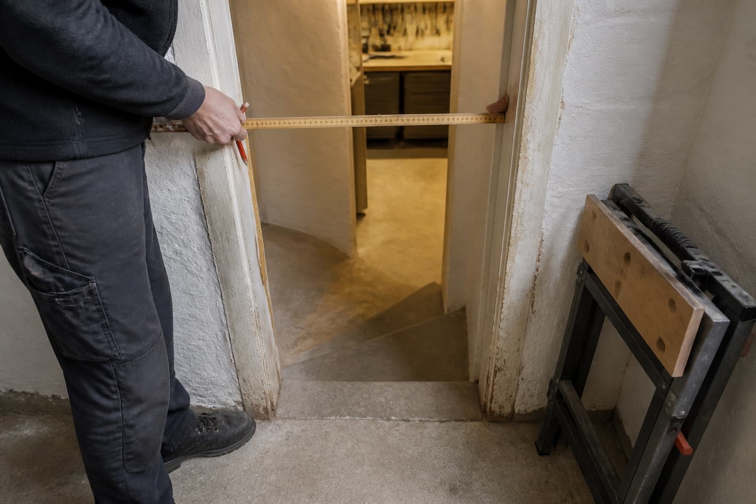 Zollstock misst die lichte Breite einer engen Kellertür neben einem zusammengeklappten Arbeitstisch